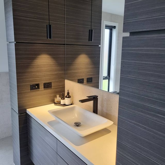 Bathroom vanity with pendant lighting